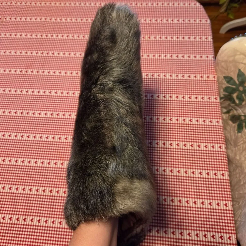 Vintage 1950s Fur Muff Handwarmer Satin Interior Tie Strap Gray Fur